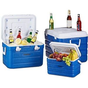 Relaxdays Koelbox zonder stroom in set, 3 koeltassen voor camping, isolerende box groot met waterafvoer, 10-60 liter, blauw-wit