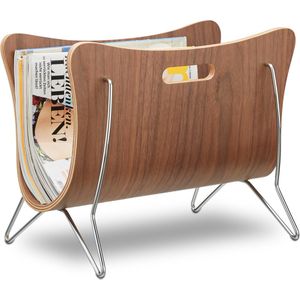 Relaxdays lectuurbak hout - tijdschriftenhouder met handvaten - krantenbak design - metaal