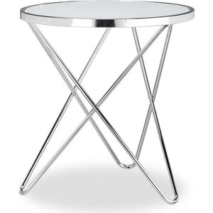 Relaxdays bijzettafel glas, medium, chroom, melkglas, salontafel, staal, rond, H x ∅: 57 x 54, zilver