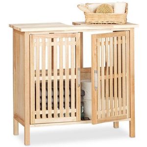 Waschbeckenunterschrank stehend, kleiner Unterschrank aus Walnuss, Badschrank mit Siphon-Ausschnitt, natur - Relaxdays