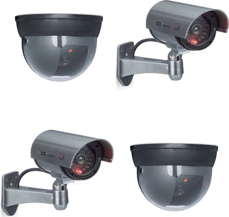 Relaxdays - 4 x Kamera Attrappe im Sicherheits-Set, 2 Dome Kameras, 2 CCD-Kameras, Mit LED-Licht, Verstellbarer Kamerawinkel
