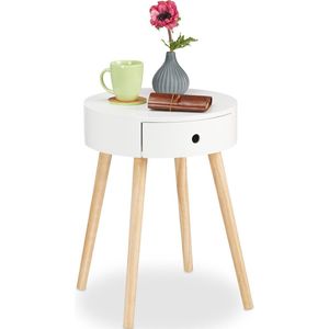 Relaxdays bijzettafel, met lade, van hout, H x Ø: 52 x 40 cm, ronde salontafel, nachtkastje Scandinavisch design, wit