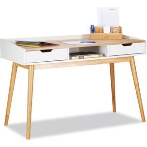 Relaxdays bureau, 2 lades, Scandinavisch design, hout, HBD: ca. 76x120x55 cm, computertafel, computerbureau, wit-bruin