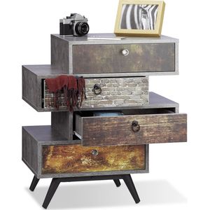 Relaxdays vintage kast - met 4 lades - betonnen look - met motief - 68 x 60 x 40 cm - retro - grijs