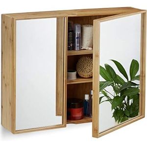 Relaxdays spiegelkast bamboe, 2 deuren, hangende badkamerkast, toiletkast hout, HBD: 50 x 65 x 14 cm, natuurlijke kleur