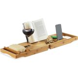 Relaxdays badplank bamboe - uitschuifbaar - 74,5 107,5 cm - met glashouder en boekensteun