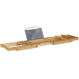 Relaxdays badplank bamboe - uitschuifbaar - 74,5 107,5 cm - met glashouder en boekensteun