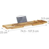 Relaxdays badplank bamboe - uitschuifbaar - 74,5 107,5 cm - met glashouder en boekensteun