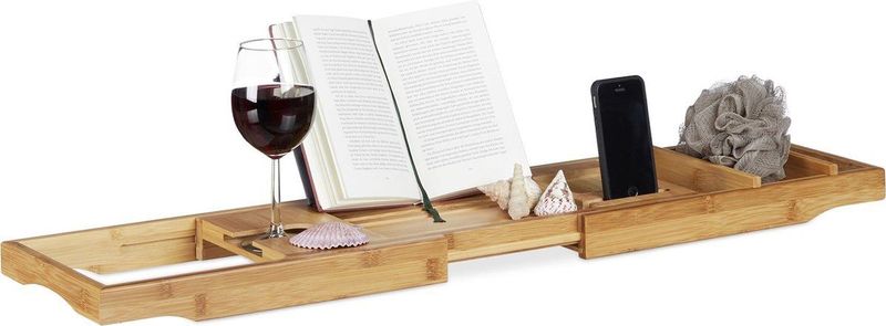 Relaxdays badplank bamboe - uitschuifbaar - 74,5 107,5 cm - met glashouder en boekensteun