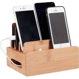 Relaxdays - Bambus Ladestation, Schreibtisch Handyhalter f. 6 Geräte, Holz Kabelbox f. Ordnung, hbt 9 x 17 x 13 cm, natur