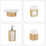 Relaxdays badkameraccessoires set - 4-delig - zeeppomp 250 ml - keramiek - bamboe