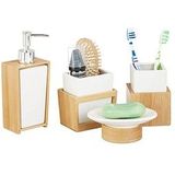 Relaxdays badkameraccessoires set - 4-delig - zeeppomp 250 ml - keramiek - bamboe