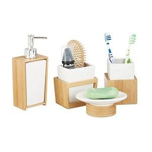 Relaxdays badkameraccessoires set - 4-delig - zeeppomp 250 ml - keramiek - bamboe