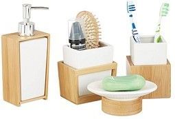 Relaxdays badkameraccessoires set - 4-delig - zeeppomp 250 ml - keramiek - bamboe