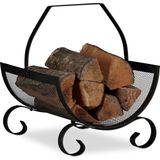 Relaxdays houtmand, rustieke brandhout mand, HxBxD 40 x 33 x 38 cm, metalen haardhout opslag met greep, zwart