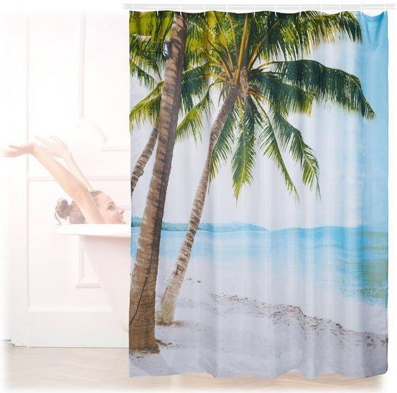 Relaxdays Duschvorhang Strand, Polyester, wasserabweisend, waschbar, Anti-Schimmel, Badewannenvorhang 180x180cm, bunt