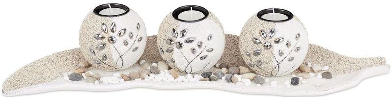 Relaxdays waxinelichthouder set - bladvormige schaal - sierstenen - sfeervolle tafeldecoratie - beige - wit