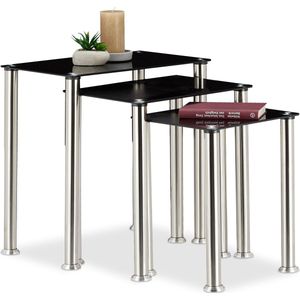 Relaxdays bijzettafel set van 3 stuks - zwart - glastafel - mimiset - salontafel - metaal