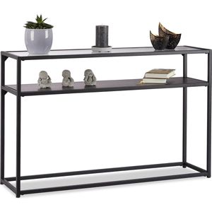 Relaxdays sidetable glas, extra etage, transparant tafelblad, metalen onderstel, HBD: 70,5x110x30 cm, wandtafel, zwart