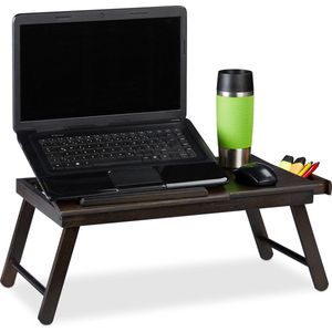 Relaxdays bamboe laptoptafel, in hoogte verstelbaar, lade, klapbaar, HBD: 25x60x35cm, bedtafel, schoottafel, donkerbruin