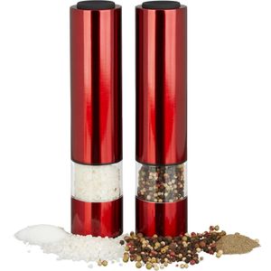 Relaxdays elektrische pepermolen - set van 2 - LED-licht - zoutmolen - rvs - werkt op batterijen - rood