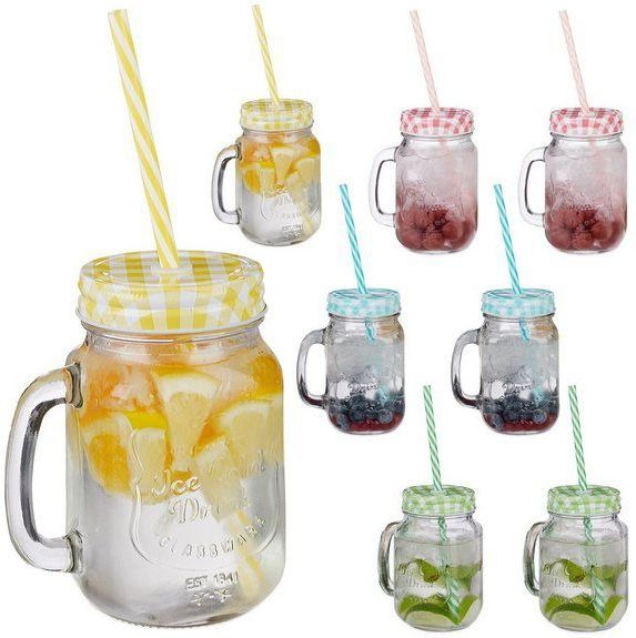 Drinkglazen - Set van 8 - 400 ml - Met Deksel - Met Handvat