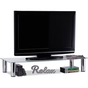 Relaxdays tv-tafel glas, verchroomde tafelpoten van metaal, HxBxD: ca. 17 x 100 x 35 cm, televisie tafel, wit/zilver