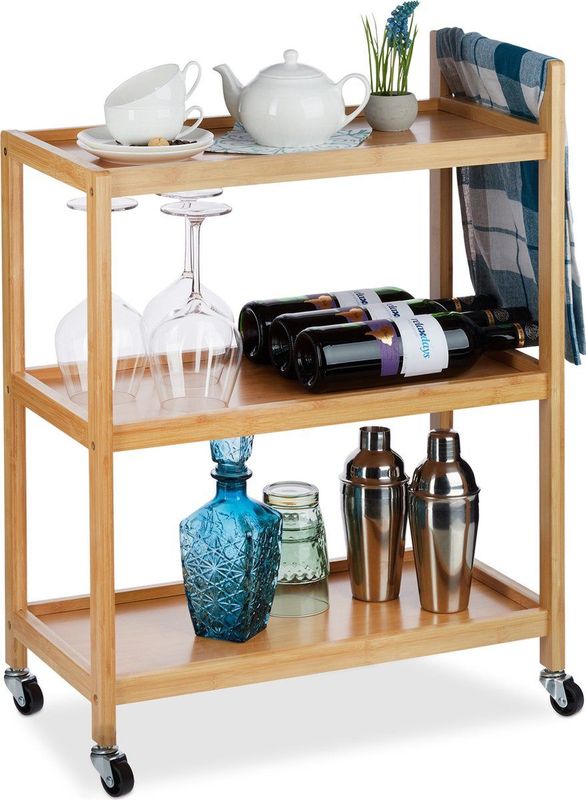 Relaxdays serveerwagen bamboe - 3 etages - theewagen - natuurlijke uitstraling - op wielen