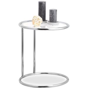 Relaxdays, Bijzettafel rond zilver met metalen frame, glazen blad, woonkamertafel, decoratie, designtafel, h x d 53 x 45 cm, standaard
