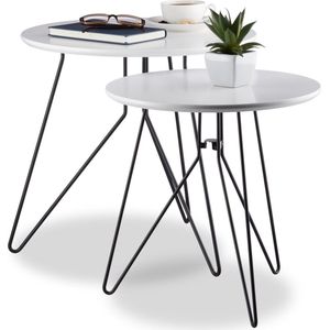 Relaxdays bijzettafel set van 2, rond, metalen frame, tafelblad resp. 40 & 48 cm Ø, modern design, 3-poot, wit/zwart
