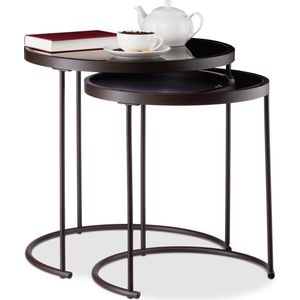 Relaxdays bijzettafel zwart metaal, set van 2, ronde salontafels, metalen frame, HxØ: 50 x 50 cm, glas, bruin/zwart