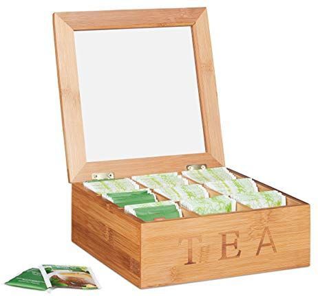 Relaxdays - Teebox Bambus, mit 9 Fächern, quadratische Teekiste, Sichtfenster, für Teebeutel, hbt: 8,5 x 22 x 22 cm, natur