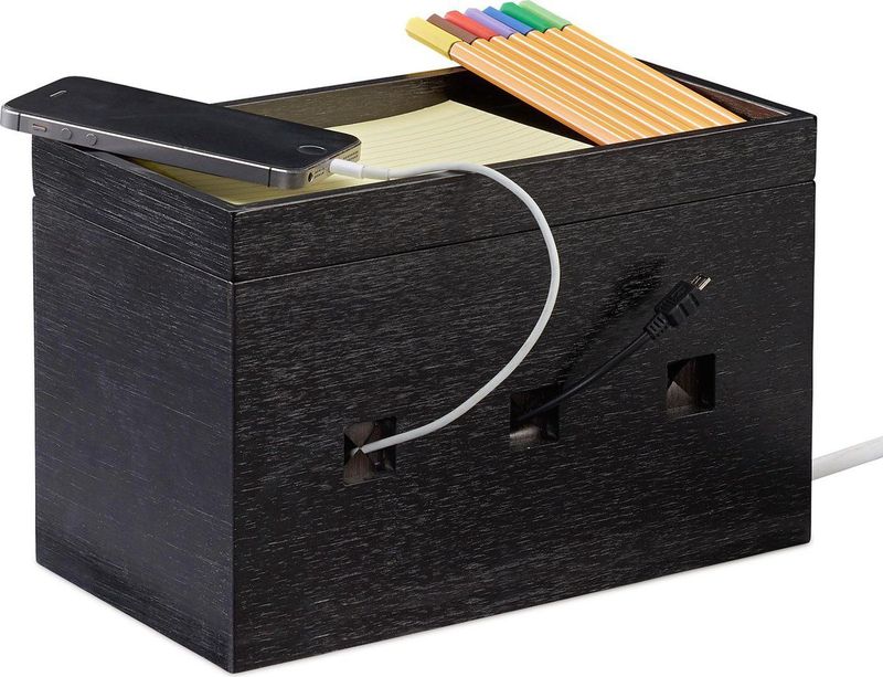 Relaxdays kabelbox bamboe - multi-oplaadstation - kabels verstoppen - kabelmanagement - 16,5 x 25,5 x 14 cm - zwart