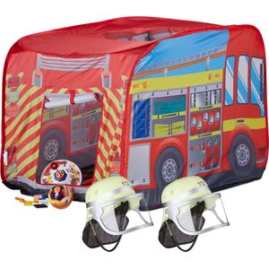 Relaxdays 3-delige brandweer set - 2 brandweerhelmen met vizier - speeltent -voor kinderen