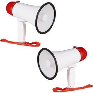 2 x megafoon grappig - megaphone kunststof - wit-rood - stemversterker - 10 watt