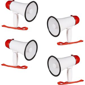 4 x megafoon grappig - megaphone kunststof - wit-rood - stemversterker - 10 watt