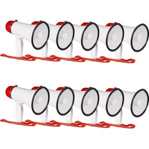 10 x megafoon grappig - megaphone kunststof - wit-rood stemversterker - 10 watt