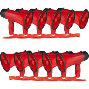 10 x megafoon grappig - megaphone kunststof - rood - stemversterker - 10 watt