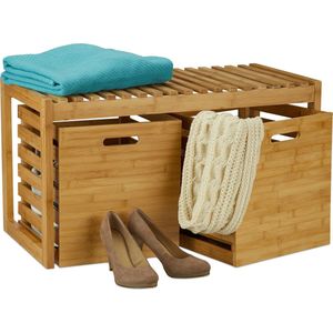 Relaxdays halbankje met opslagruimte, bamboe, 2 opbergboxjes, voor in de hal of gang, garderobe, 44,5x80x40 cm, natuur