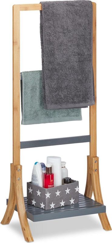 Relaxdays - Handtuchhalter Bambus, mit Ablage & 3 Handtuchstangen, freistehender Handtuchständer, 103x41x28cm, natur/grau