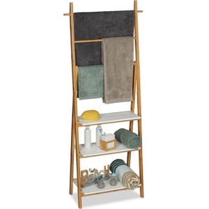 Relaxdays handdoekenrek - handdoekhouder bamboe - vrijstaand - 3 roedes met 3 planken hout