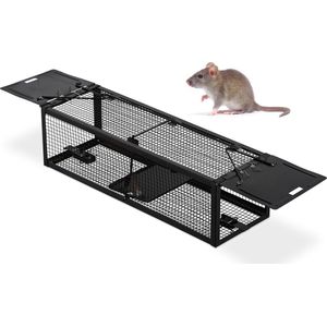 Relaxdays dierviendelijke muizenval, levende val, voor ratten en muizen, herbruikbaar, kooi, HBD: 11x39x12,5 cm, zwart