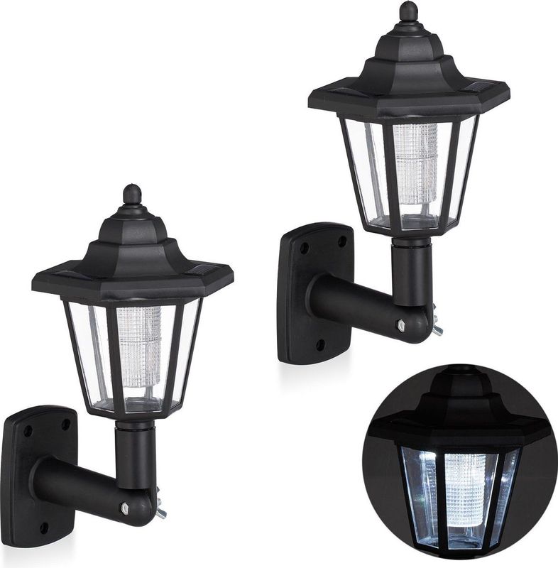 Solar Wandlaterne im 2er Set, nostalgische led Solarlampe für draußen, energiesparend, wasserdicht, schwarz - Relaxdays