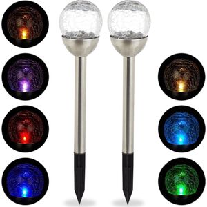 Relaxdays lichtbollen solar LED, set van 2, buitenlampen, kleurverandering, breukglas look, inclusief grondpen, zilver