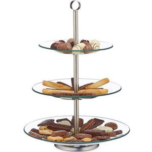 Relaxdays serveertoren 3 laags - rond - 40 x 29,5 cm - cupcakes - fruit - glas - rvs