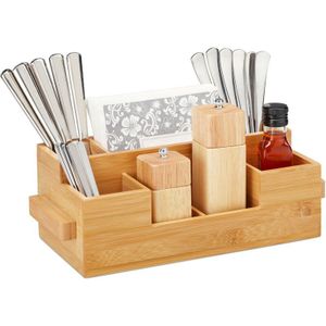 Besteckhalter Bambus, 7 Fächer, Tisch Menage für Servietten, Besteck, Öl, Gewürze, hbt 11,5 x 35 x 15cm, natur - Relaxdays