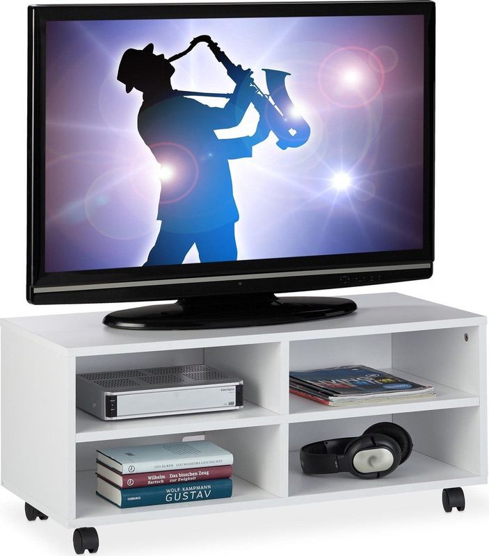 Tv Board mit 4 Fächern, mit Rollen, für CDs, DVDs & Konsole, Phonotisch für Wohnzimmer, hbt 35x80x35 cm, weiß - Relaxdays