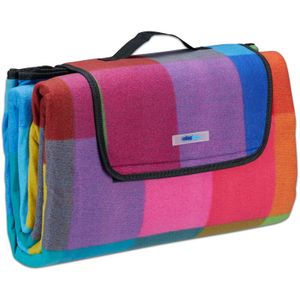 Relaxdays picknickkleed XXL, met ruitjes, waterdicht, 200 x 200 cm, fleece kleed, opvouwbaar, met handvat, kleurrijk