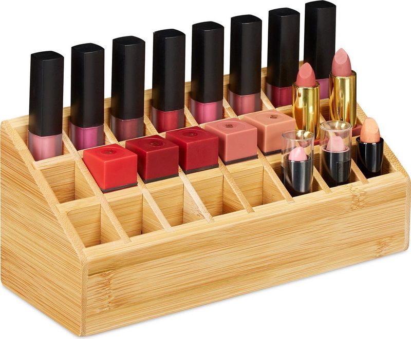 Relaxdays lippenstifthouder - 24 vakken - natuurlijk design - voor lipgloss en kwasten - 10 x 23 x 9 cm - natuur