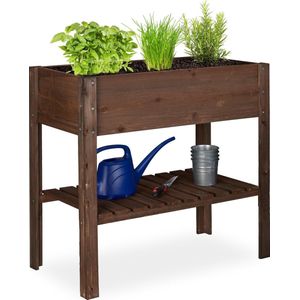 Hochbeet Holz, Ablagefach, Pflanzkasten Balkon, Terrasse, Garten, Kräuterbeet, hbt 80x88x43,5cm, dunkelbraun - Relaxdays